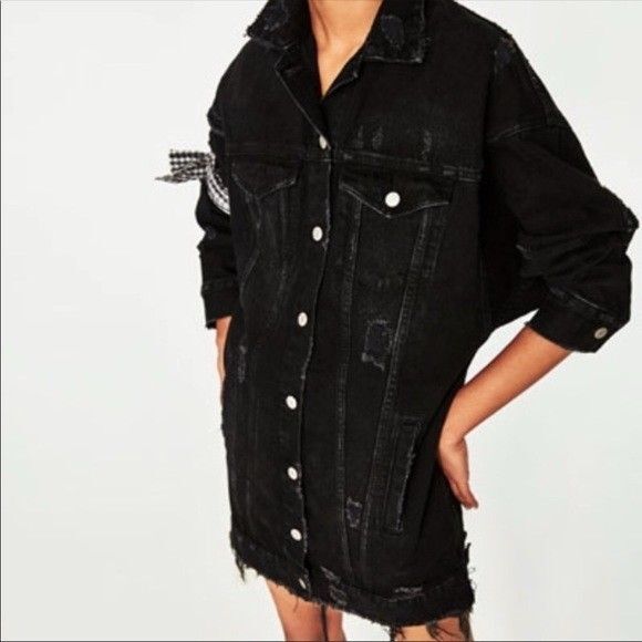 Zara Jacket Womens M Trafaluc Denim Longline Distressed Oversized Button Up - Picture 3 of 9